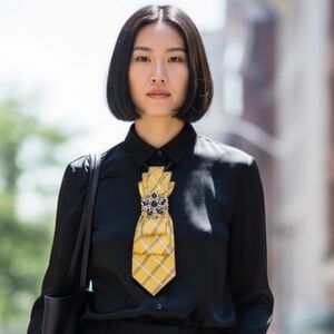 “Dainty Dapper” Yellow Plaid Necktie necklace with Black Beaded Brooch